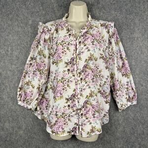 Long Sleeve Ruffled Blouse Top Button Front Floral Lilac XL Romantic Feminine